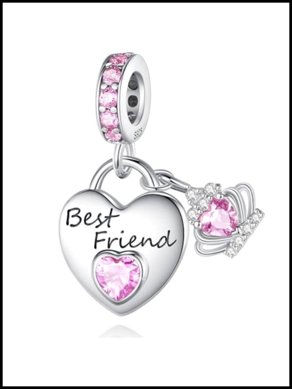 925 Sterling Silver Heart Dangle Charm with Crown for Bracelets, Hypoallergenic